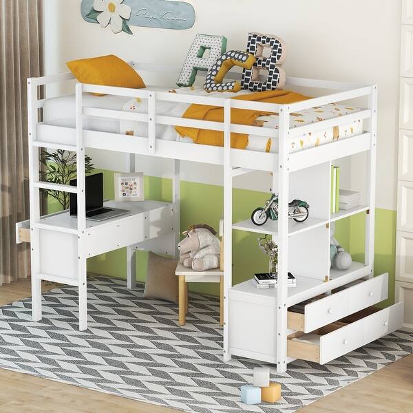 slide 2 of 24, Twin Loft Bed with Desk, Cabinets, Drawers, and Shelving White - Twin