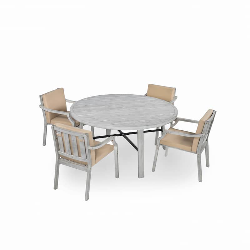 4-Person Outdoor Wooden Dinning Set with 1 Umbrella Hole & Removable Cushions