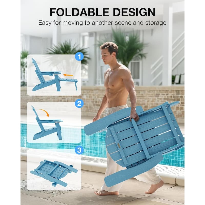 WINSOON All Weather HIPS Folding Adirondack Chair with Adjustable Backrest and Retractable Ottoman