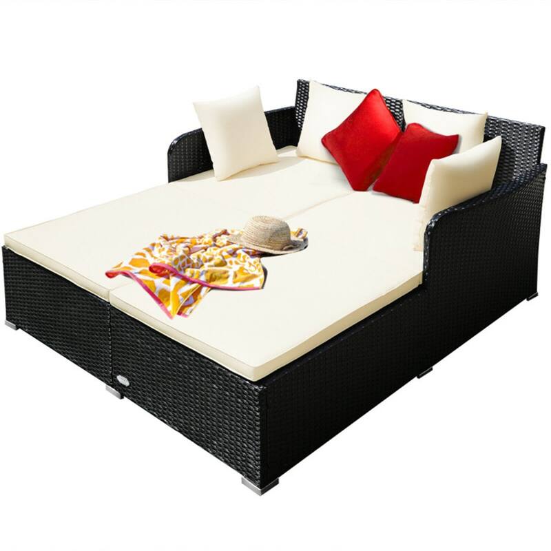 Outdoor Rattan Daybed with Cushions for Patio or Backyard - 61" x 52" x 27.5"