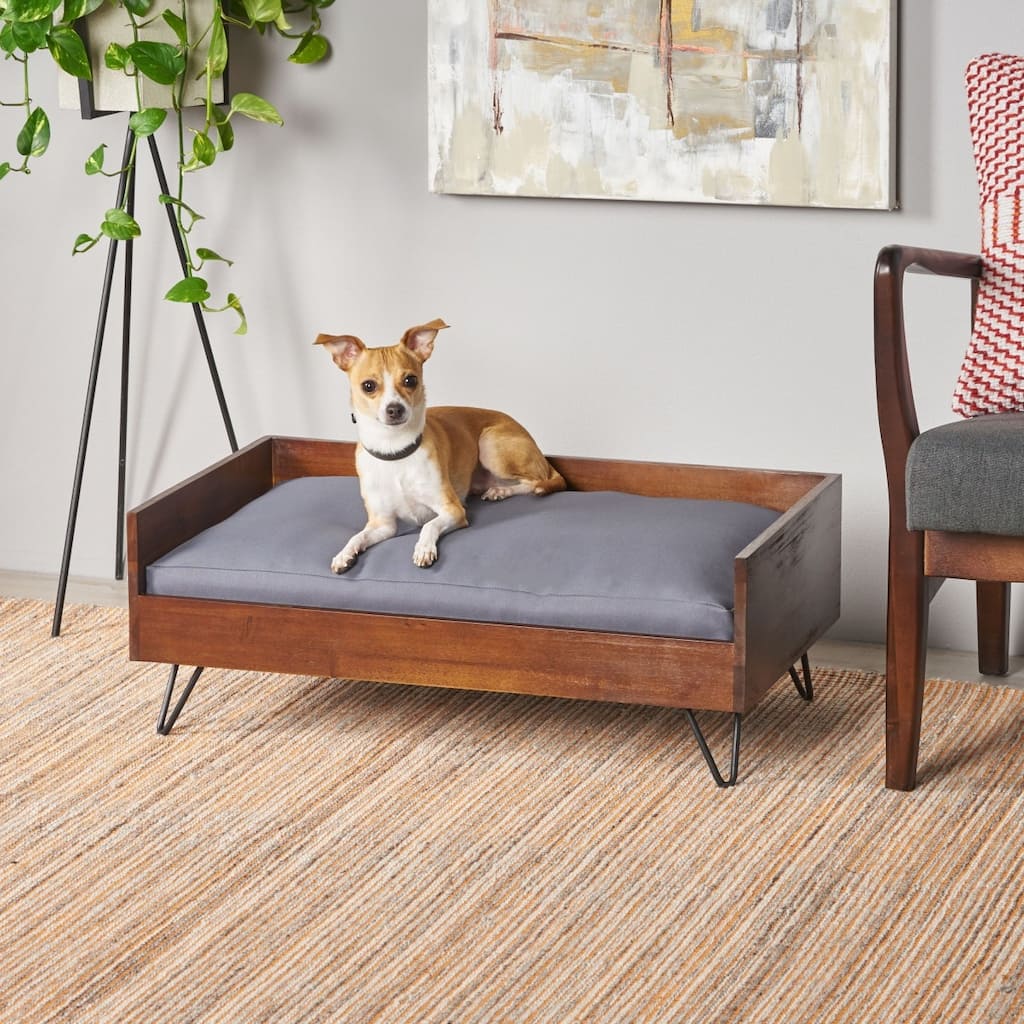 29.5" x 17.75" Modern Pet Bed with Water-Resistant Cushion and Oak Frame