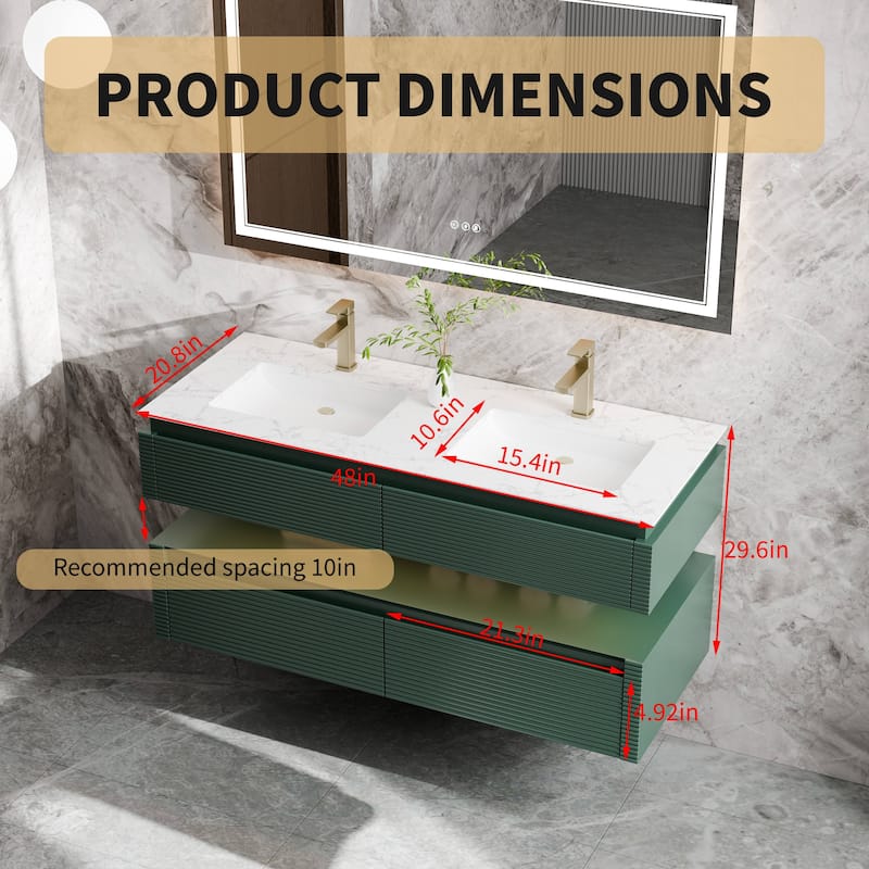 Modland 48" Modern Wall-Mounted Double Sink Bathroom Vanity with Engineered Stone Countertop,LED Light