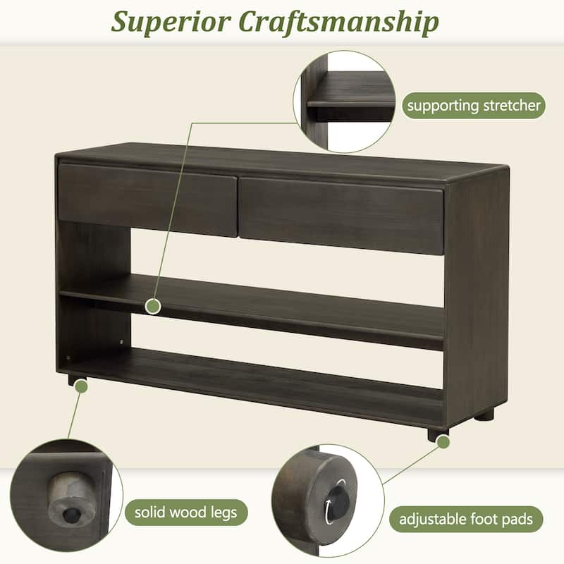 3-Tier Console Table, Pine Veneer Entryway Table with Drawers and Open Storage Shelf, Hallway Table with Solid Wood Legs