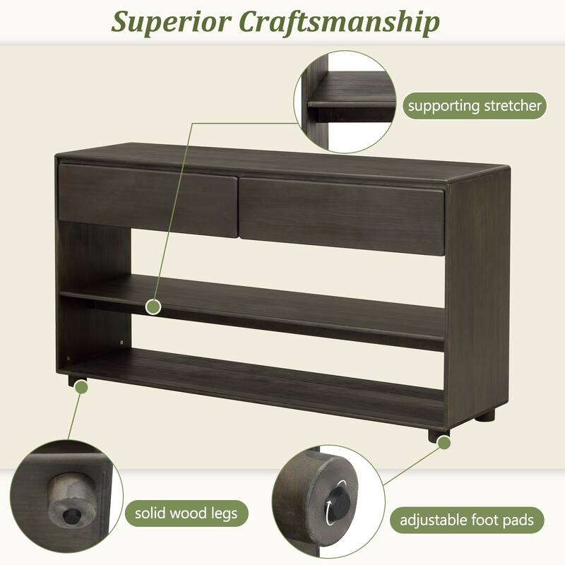 Vintage Narrow Console Table Entryway Table with Drawers and Shelves, 2-Tier Display Stand Living Room Accent Table