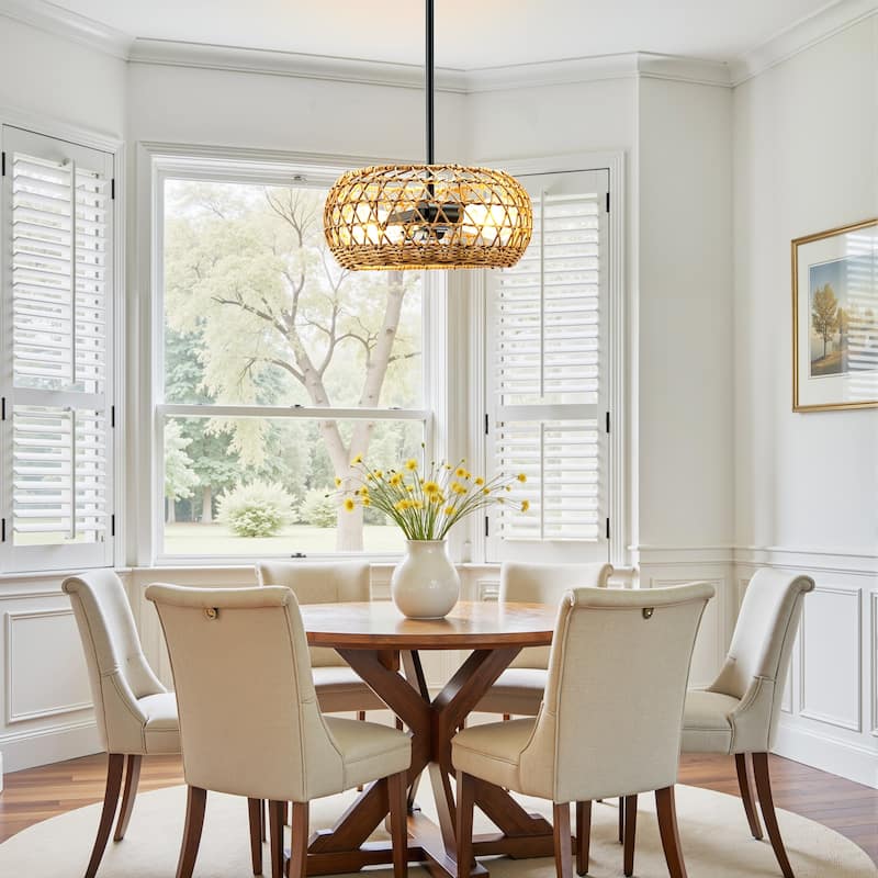 2-Light Boho Hand Woven Rattan Chandeliers Pendant Light