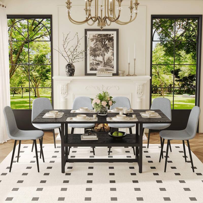 7-Piece Modern Dining Table Set, 71x35.4 Inch Wood Grain Table & 6 High-Resilience Fabric Chairs - Black,Light Gray