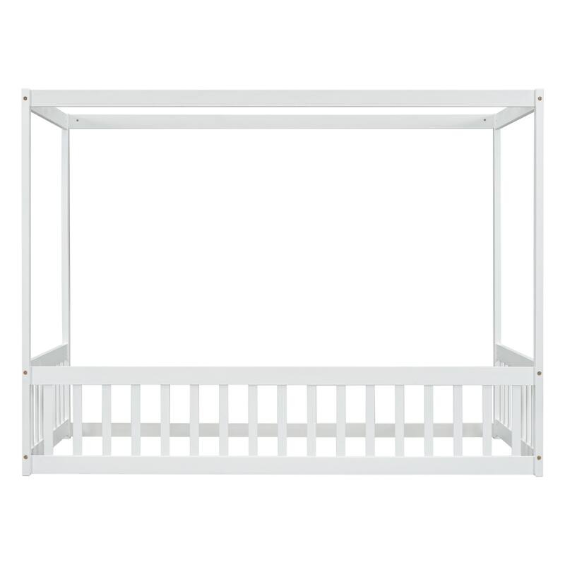 Twin Size Canopy Frame Floor Bed with Fence,Guardrails