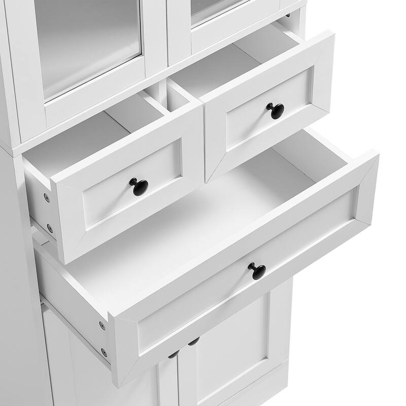 Adjustable Storage Cabinet with Above Glass Door Cabinet and Below Wooden Door Cabinet, Tall Bathroom Cabinet with 3 Drawers