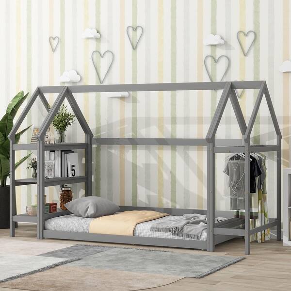 slide 2 of 30, Wooden Twin House Bed with Integrated Shelves and Hanger for Kids Room Grey