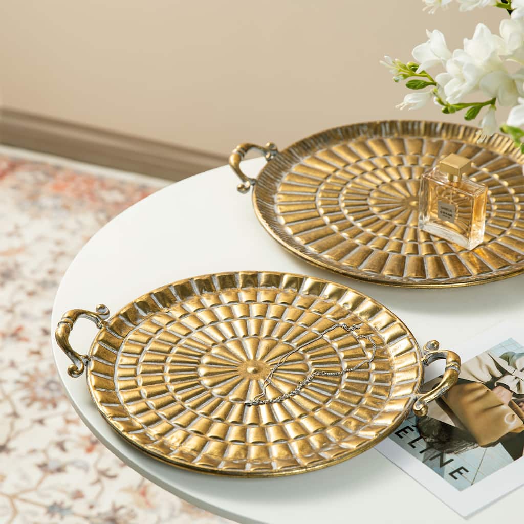 Glitzhome 17"/19"L Vintage Round Metal Gold Embossed Decorative Trays with Handles Set of 2