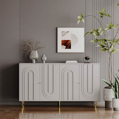 Modern Gray Lacquered 4 Door Wooden Cabinet Sideboard Buffet Server Cabinet