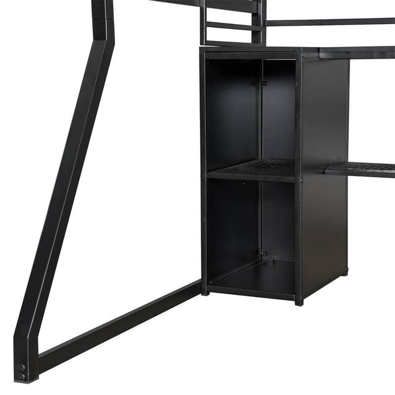 Full Size Metal Gaming Loft Bed w/Built-in Work Station,Open Wardrobe