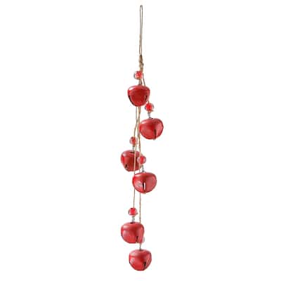 Bell and Bead Swag Decorative Bells - Red Iron Christmas Decor, 12" H x 1.2" L x 1.2" W, Easy Dust Clean
