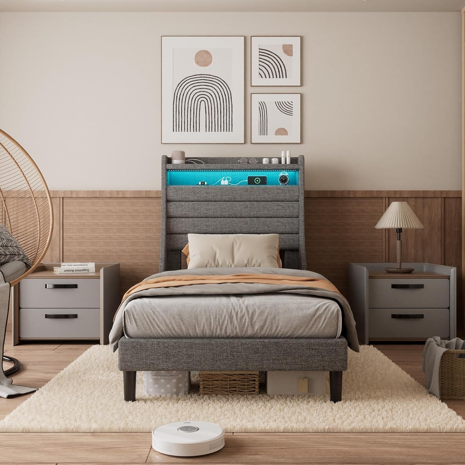 Upholstered Bed Frame with Headboard, Charging Station & LED Lights Wood Slats Support