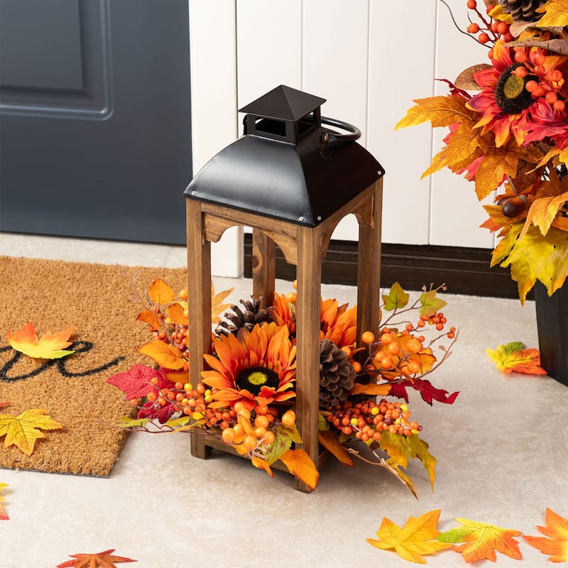 Glitzhome 20"H Fall Pumpkin Sunflower Pine Cone Wooden Hanging Lantern Table Centerpiece