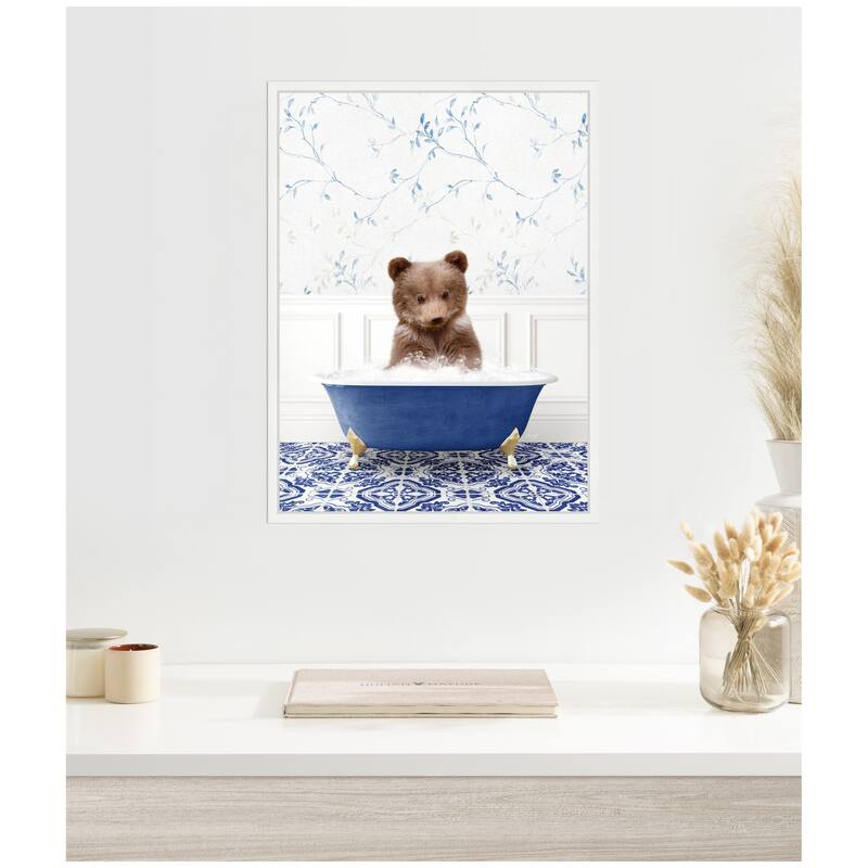 Kate and Laurel Sylvie Bear Cub in Eclectic Blue Bathtub Framed Canvas by Amy Peterson