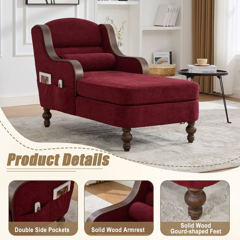 HOMEFUN Chenille Upholstered Wood Frame Oversized Chaise Lounge Single Sofa Bed with Side Pocket for Living Room,Bedroom