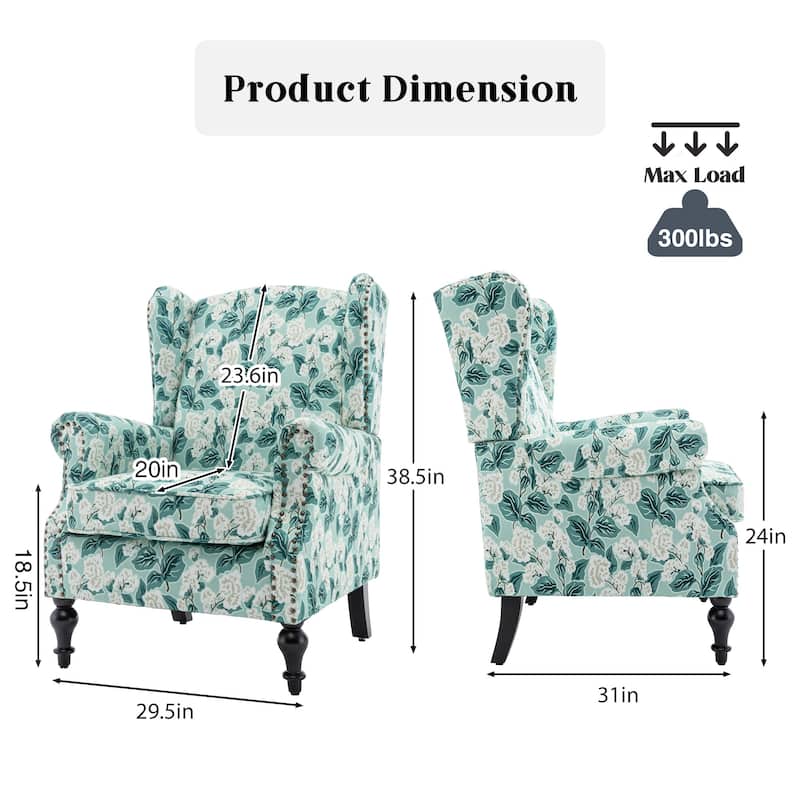 HOMYKA 29'' Wide Floral Pattern Wingback Accent Armchair with Nailhead Trim