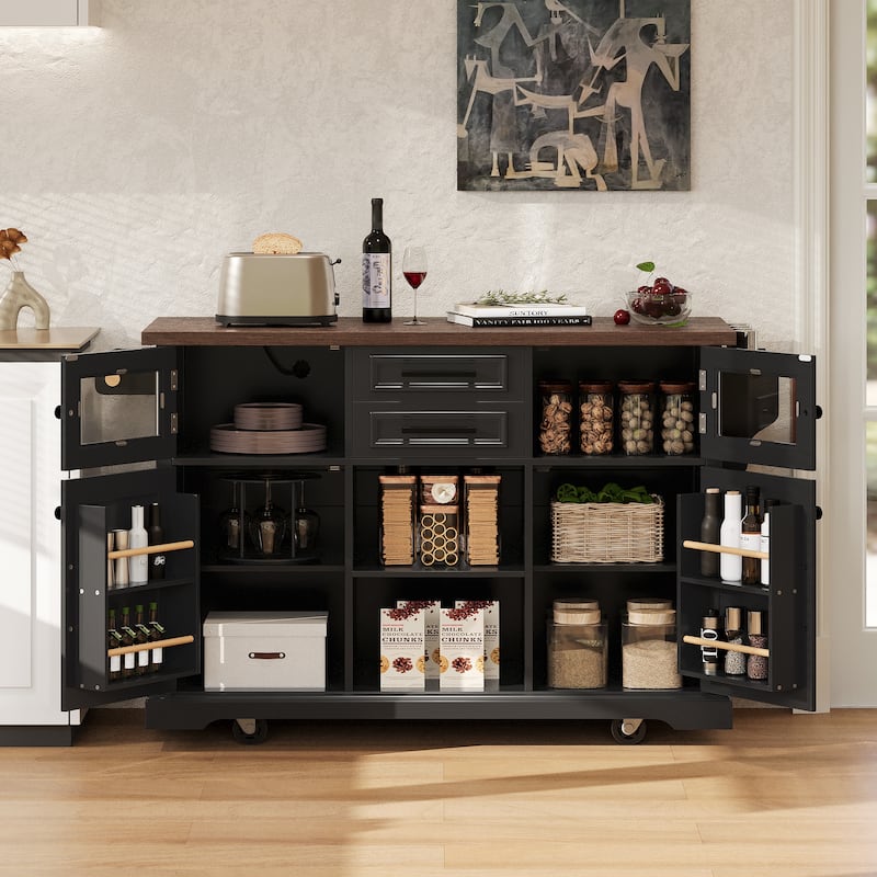 Kitchen Island with Drop Leaf, Power Outlet and 4 Door Shelves