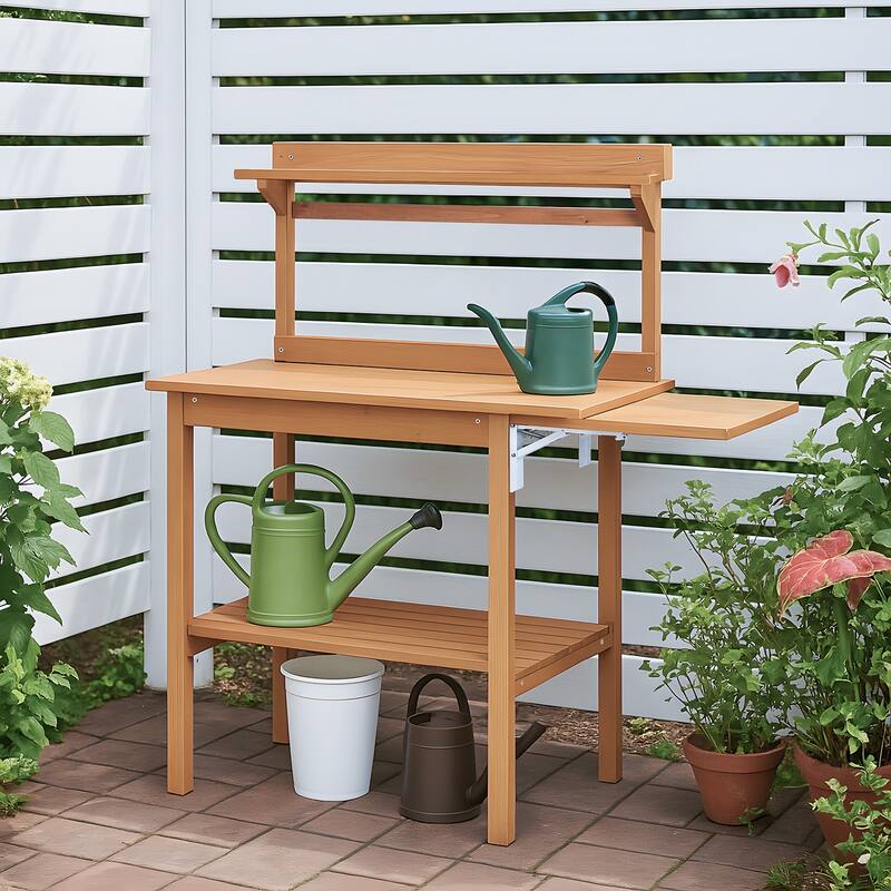 Natural Wooden Multi-Level Garden Potting Station with Foldable Side Pallet and Storage Shelf for Tools
