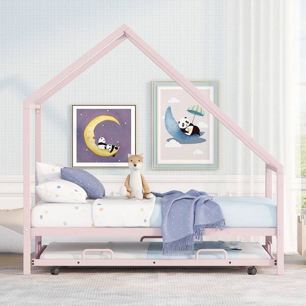 slide 2 of 10, Minimal Design Metal Twin House Bed with Trundle Pink