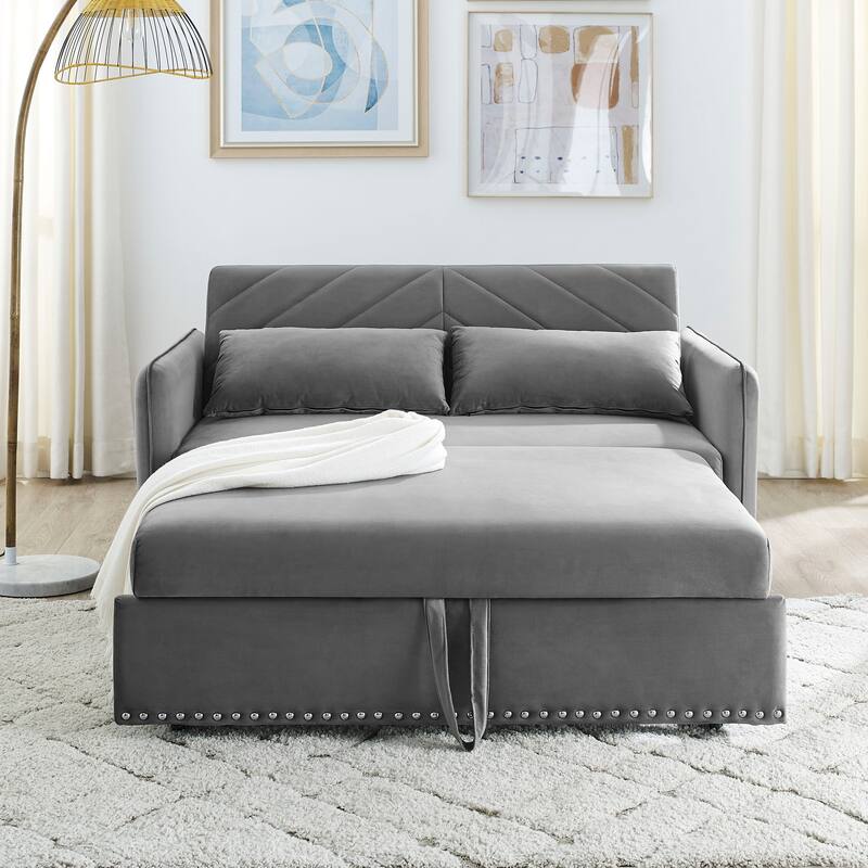 Pull-out sofa sleeper, 3-in-1 adjustable sleeper with pull-out bed, 2 lumbar pillows and side pocket