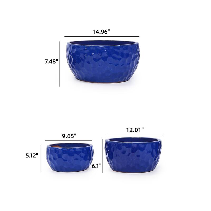 Handmade Glazed Ceramic Planter Set of 3, 15/12/10 Inch Diameter, Hammered Pattern