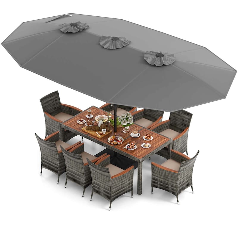 10 PCS Patio Wicker Dining Set Outdoor Furniture Set w/ Umbrella - Grey