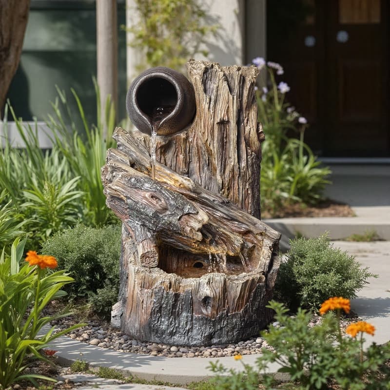 Vbal Outdoor Tree Trunk Rainforest Waterfall Fountain with LED Lights Weather Resistant