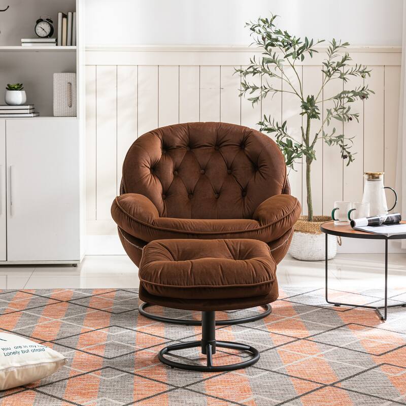 Velvet Swivel Accent Chair with Ottoman & Metal Legs (360° Rotation)