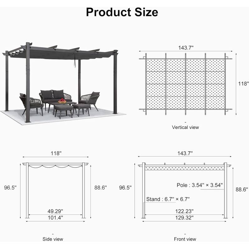 PURPLE LEAF Gazebo Outdoor Retractable Modern Yard Metal Grape Trellis Pergola with Canopy.