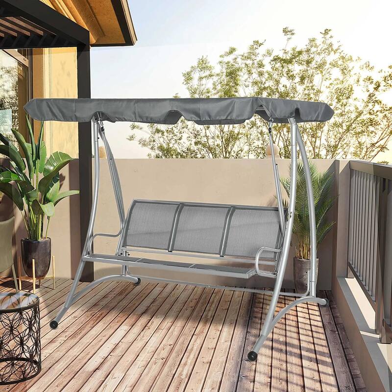 3-Seat Porch Swing, Adjustable Canopy, Breathable Seat, Steel Frame - Grey