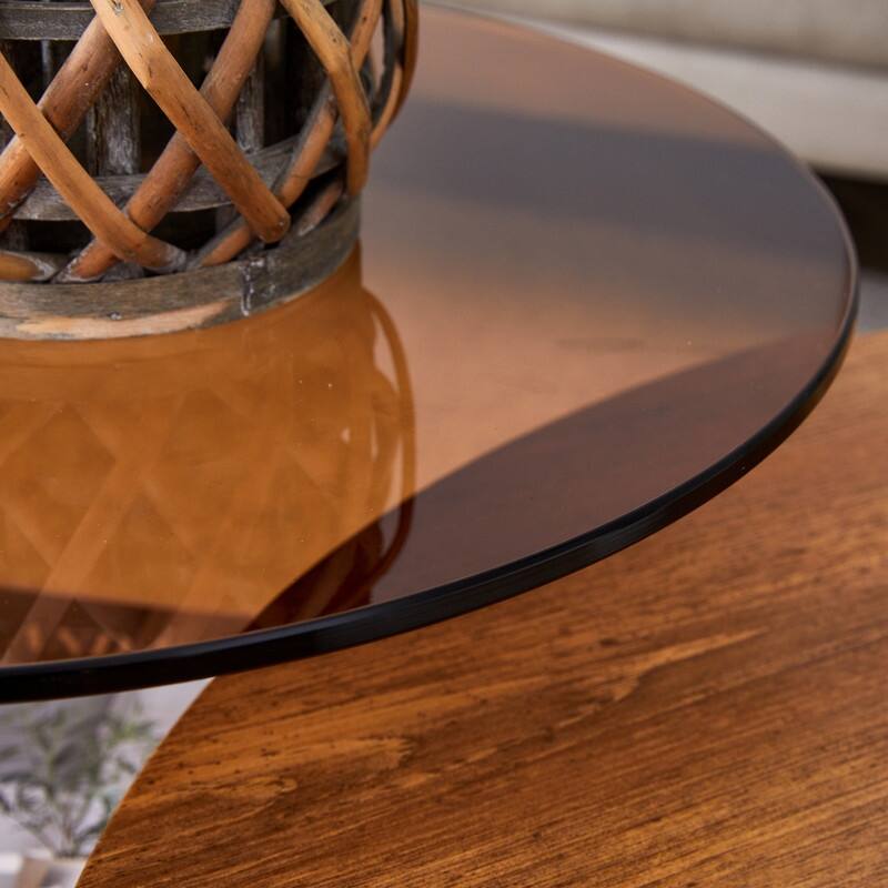 Modern Detachable Round Coffee Table - Double-Layer Brown Glass Top & Black L-Shaped Legs