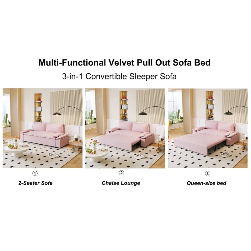Multi-Functional 63.8" Queen Pull Out Sofa Bed with Side Storage and Wheels - 3-in-1 Convertible Sleeper Sofa