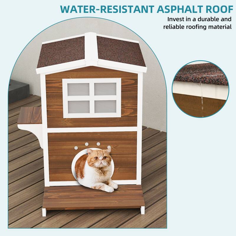 Moasis Two Story Outdoor Cat House Wooden Cat Shelter