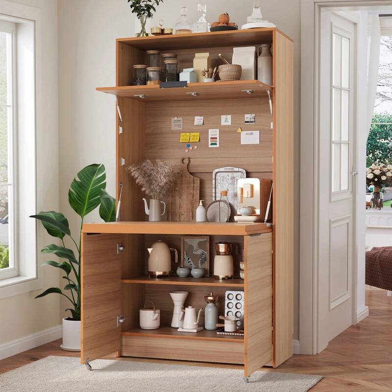69"Tall Kitchen Pantry with Hutch, Multifunctional Storage Cabinet with Adjustable Shelf and Power Outlet