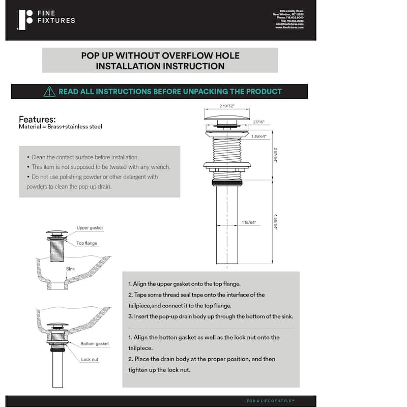 Fine Fixtures Pop-Up Bathroom Sink Drain