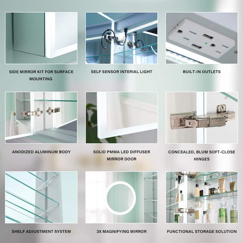 30'' H Recessed or Surface Frameless LED Mirror Cabinet With Defogger, Dimmer, Outlets & USB Ports 