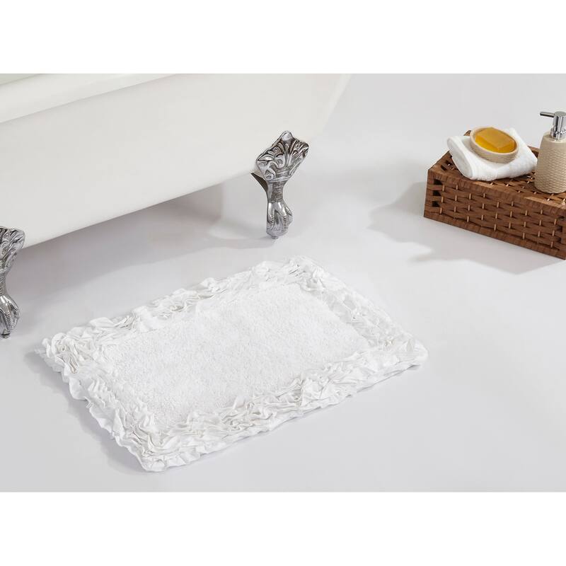 Better Trends Shaggy Border Collection Bathroom Rug -100% Cotton Tufted, Non-Skid Spray Latex Backing, Machine Washable Bath Mat - 17" x 24" Rectangle - White