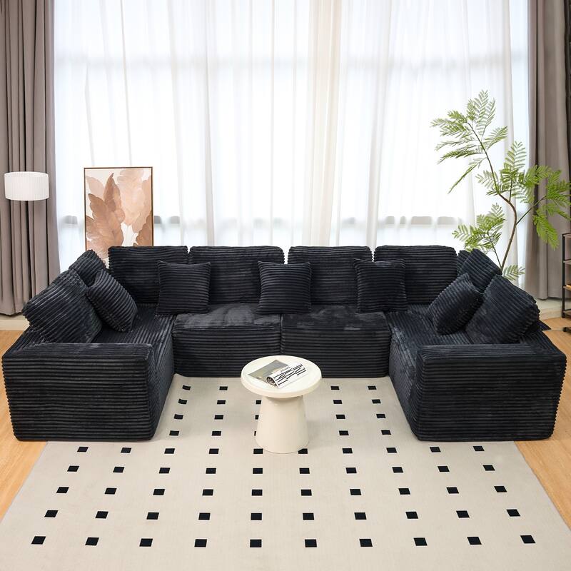 Pet Friendly Corduroy Sleeper Sofa Bed Modular U-Shaped Sectional Sofa with Chaise Lounge, Floor Standing Couch with Pillows - Black