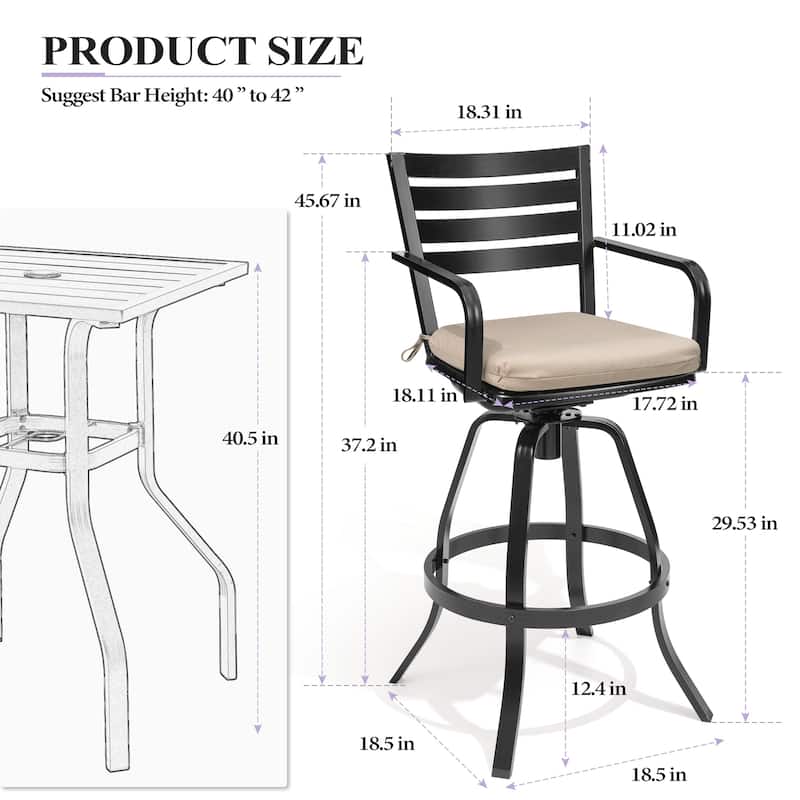 Crestlive Outdoor Cast Aluminum Swivel Bar Stool with Sunbrella Cushion - 18.5" W x 18.5" D x 45.67" H