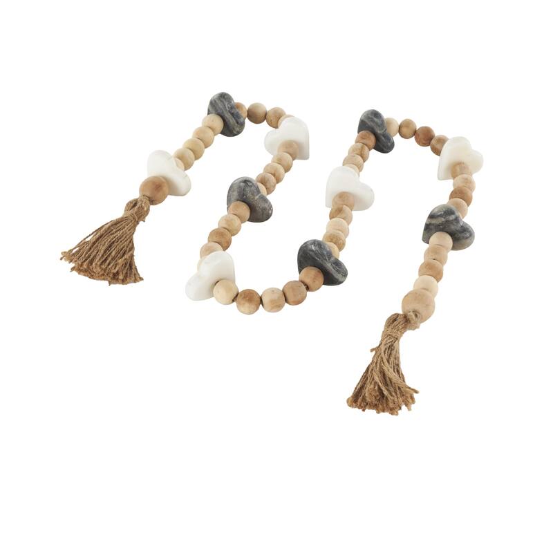 Brown Mango Wood Handmade Round Double Layered Long Carved Beaded Garland with Tassel with Black and Cream Accents