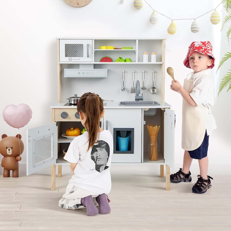 Kids Kitchen Playset Wooden Pretend Play Toy Kitchen Set