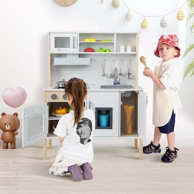 Kids Kitchen Playset Wooden Pretend Play Toy Kitchen Set