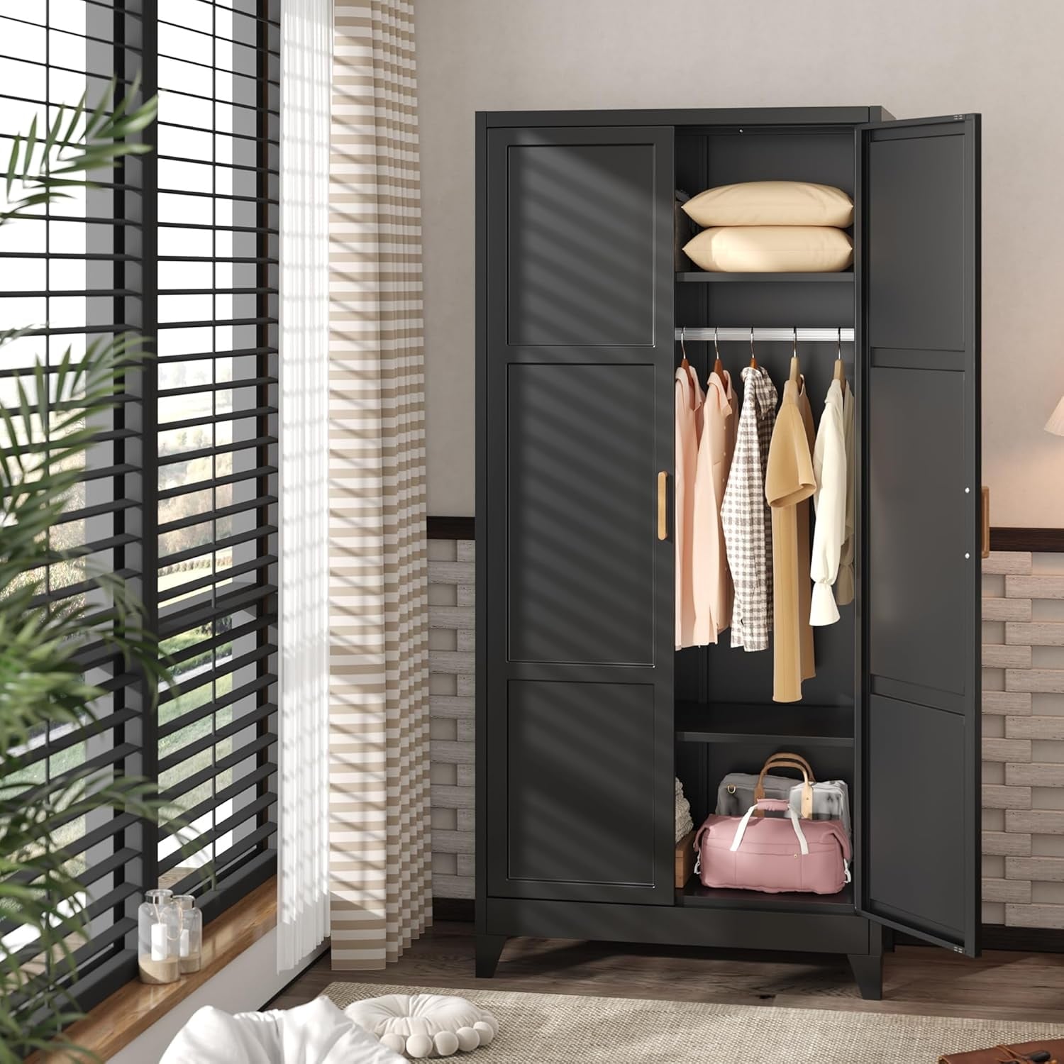 71'' - 72'' Tall Wardrobe Armoire Clothing Closet Storage Cabinet with Hanging Rod and Adjustable Shelves
