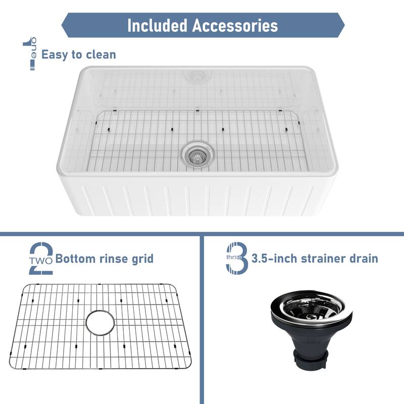 All-in-One Striped Design Reversible Installation Single Bowl Farmhouse/Apron-Front Fireclay Kitchen Sink with Kitchen Faucet