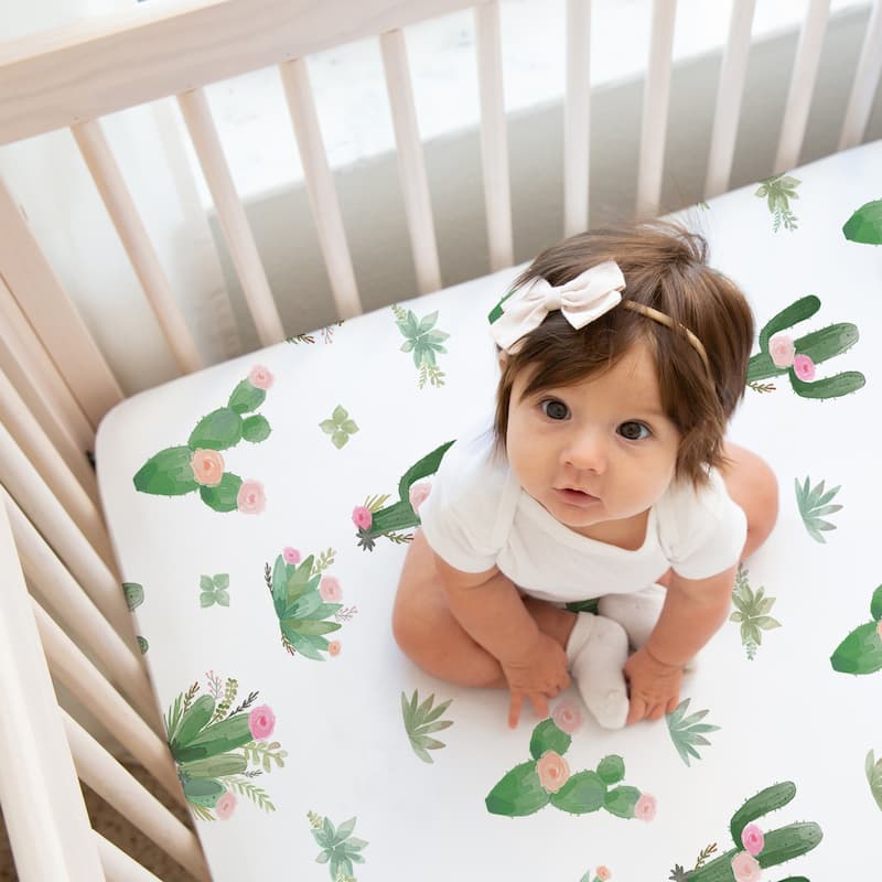 Sweet Jojo Designs Cactus Floral Pink Green Girl 2 Pack Fitted Crib Sheets Boho Bohemian Watercolor Shabby Chic Desert