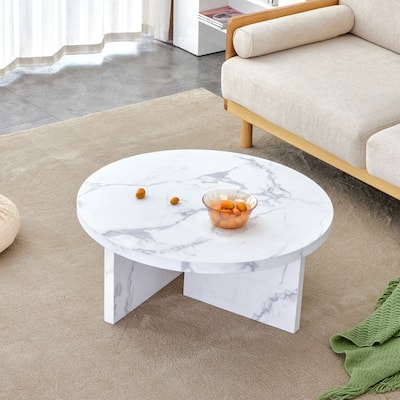 A white MDF material circular patterned coffee table, a 31.4-inch white center table, modern coffee table