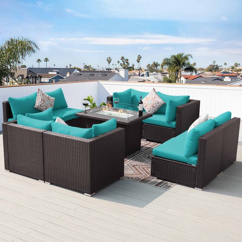 9-Piece Outdoor Brown Wicker Sectional Patio Conversation Set with 43″ Fire Pit Table, Cushion - Teal