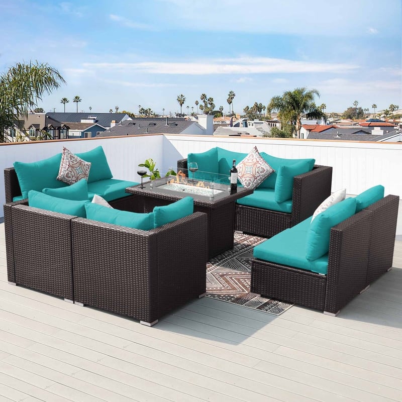 9-Piece Outdoor Brown Wicker Sectional Patio Conversation Set with 43″ Fire Pit Table, Cushion